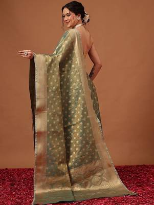 Teal woven tissue party wear saree with blouse piece 2