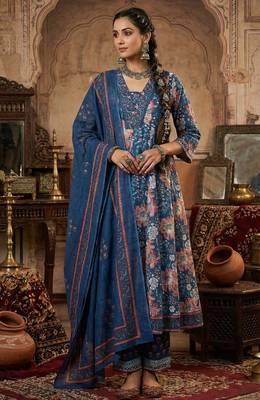 Floral Block Printed suit with crochet kantha hand work comes with Pure Cotton Dupatta and Cotton Palazzo Set of 3 1