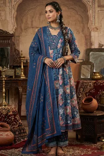 Floral Block Printed suit with crochet kantha hand work comes with Pure Cotton Dupatta and Cotton Palazzo Set of 3