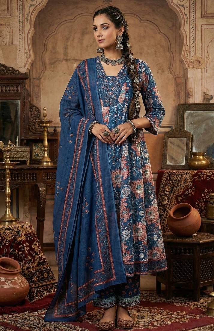 Floral Block Printed suit with crochet kantha hand work comes with Pure Cotton Dupatta and Cotton Palazzo Set of 3