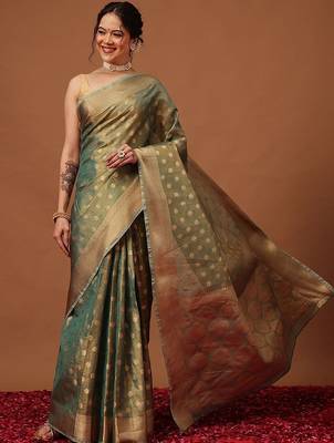 Teal woven tissue party wear saree with blouse piece 3