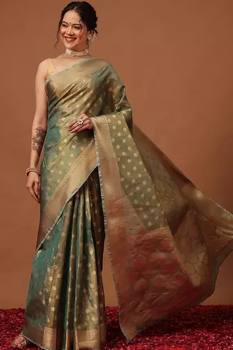 Teal woven tissue party wear saree with blouse piece
