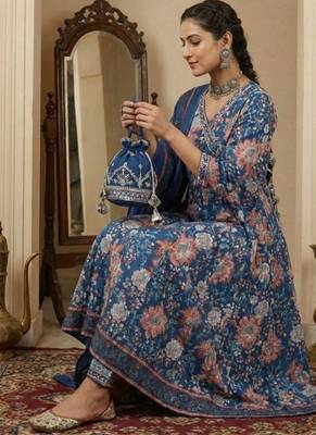 Floral Block Printed suit with crochet kantha hand work comes with Pure Cotton Dupatta and Cotton Palazzo Set of 3 2