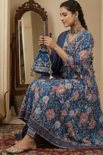Floral Block Printed suit with crochet kantha hand work comes with Pure Cotton Dupatta and Cotton Palazzo Set of 3