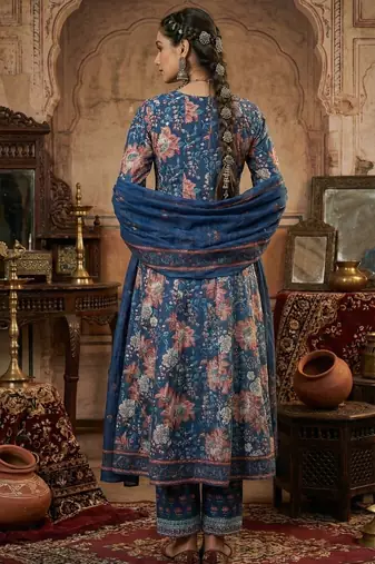 Floral Block Printed suit with crochet kantha hand work comes with Pure Cotton Dupatta and Cotton Palazzo Set of 3