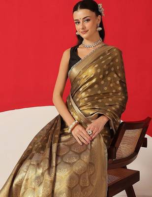 Olive woven tissue party wear saree with blouse piece 3
