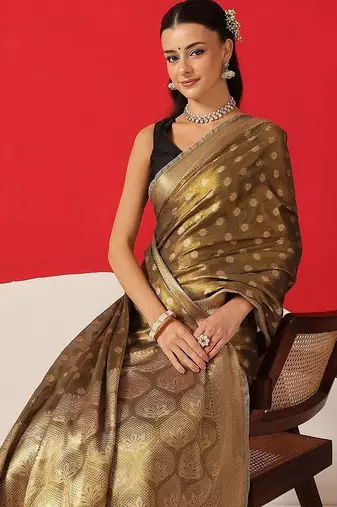 Olive woven tissue party wear saree with blouse piece