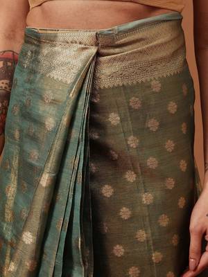 Teal woven tissue party wear saree with blouse piece 5