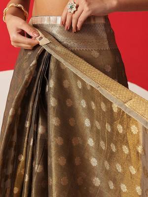 Olive woven tissue party wear saree with blouse piece 5
