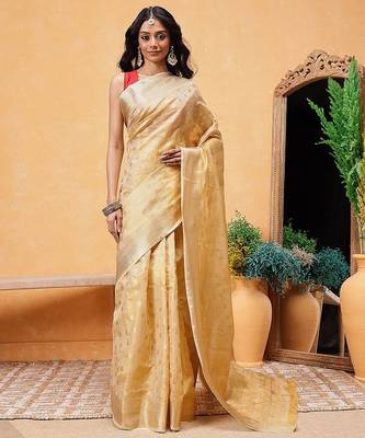 Beige woven tissue party wear saree with blouse piece 2