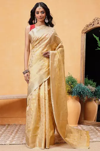 Beige woven tissue party wear saree with blouse piece