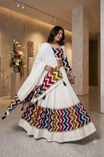 White Navratri Lehenga Choli Set with Multicolor Zig Zag Print & Heavy Dupatta