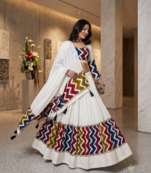 White Navratri Lehenga Choli Set with Multicolor Zig Zag Print & Heavy Dupatta