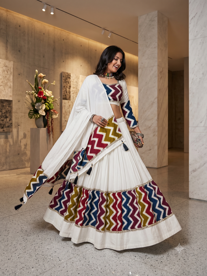 White Navratri Lehenga Choli Set with Multicolor Zig Zag Print & Heavy Dupatta