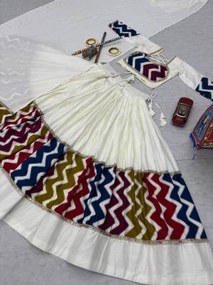 White Navratri Lehenga Choli Set with Multicolor Zig Zag Print & Heavy Dupatta 2