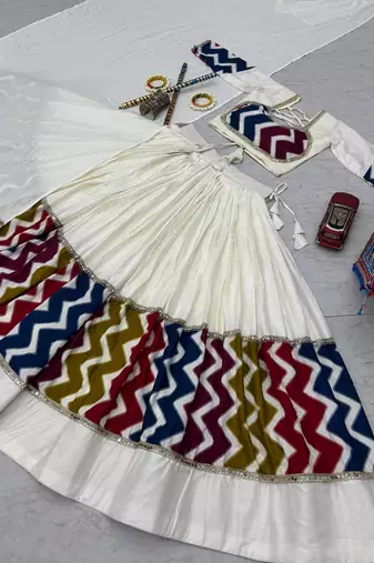 White Navratri Lehenga Choli Set with Multicolor Zig Zag Print & Heavy Dupatta