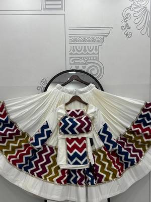 White Navratri Lehenga Choli Set with Multicolor Zig Zag Print & Heavy Dupatta 3