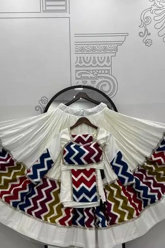 White Navratri Lehenga Choli Set with Multicolor Zig Zag Print & Heavy Dupatta
