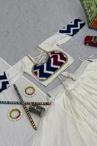 White Navratri Lehenga Choli Set with Multicolor Zig Zag Print & Heavy Dupatta