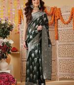 Green woven cotton blend traditional saree with blouse piece