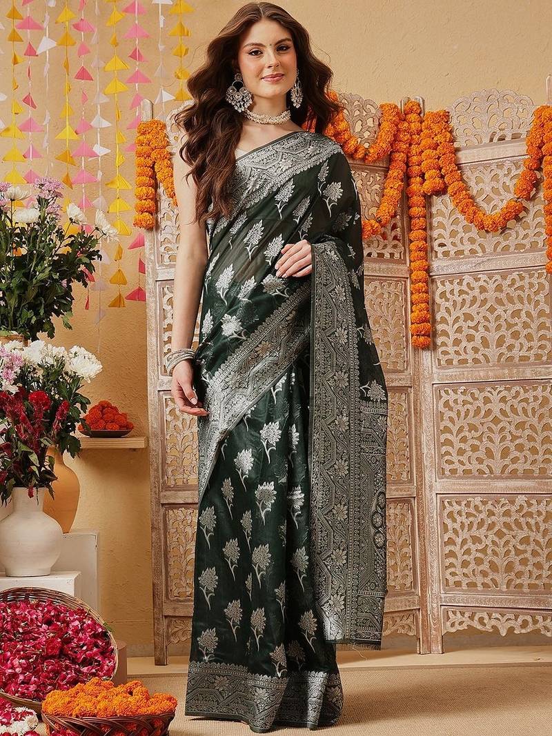 Green woven cotton blend traditional saree with blouse piece