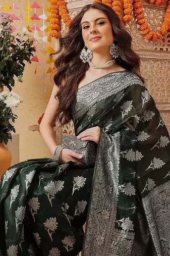 Green woven cotton blend traditional saree with blouse piece