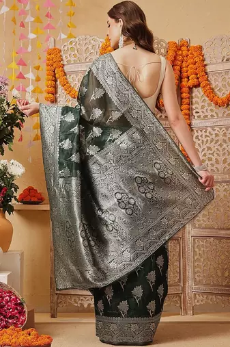 Green woven cotton blend traditional saree with blouse piece