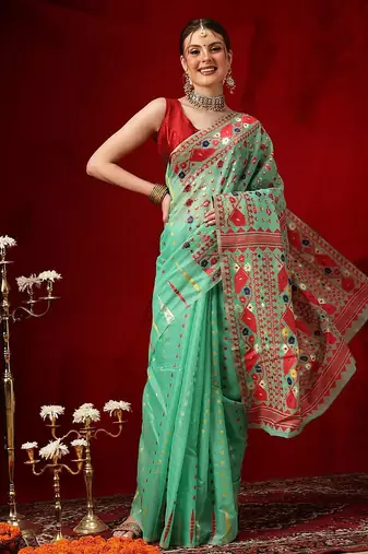 Green woven cotton blend traditional saree with blouse piece