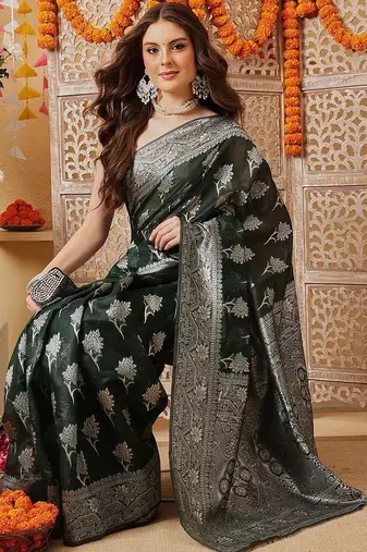 Green woven cotton blend traditional saree with blouse piece