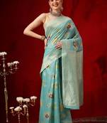 Turquoise woven cotton blend traditional saree with blouse piece