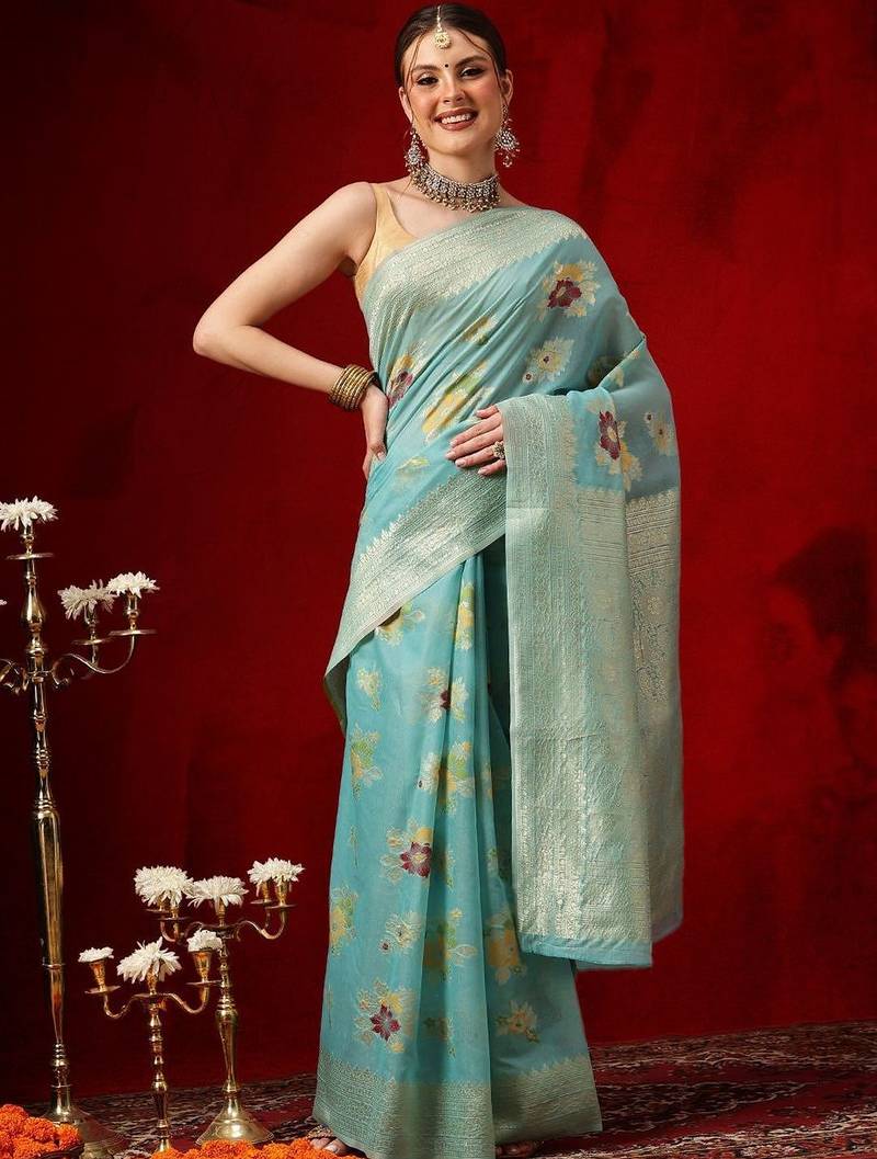 Turquoise woven cotton blend traditional saree with blouse piece