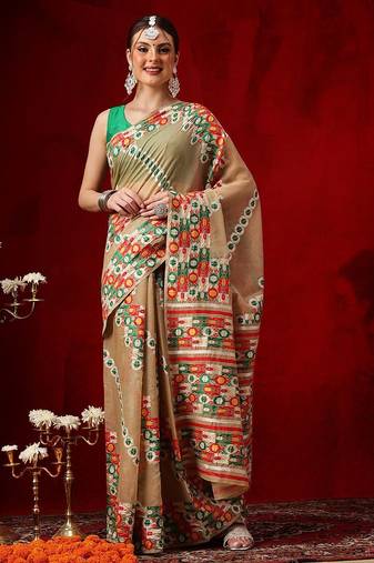 Beige embroidered pure cotton ethnic saree with blouse piece