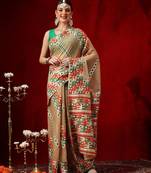 Beige embroidered pure cotton ethnic saree with blouse piece
