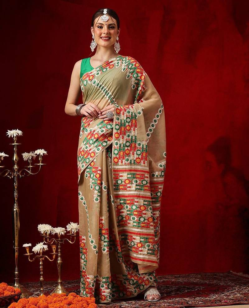 Beige embroidered pure cotton ethnic saree with blouse piece