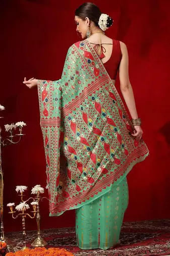 Green woven cotton blend traditional saree with blouse piece