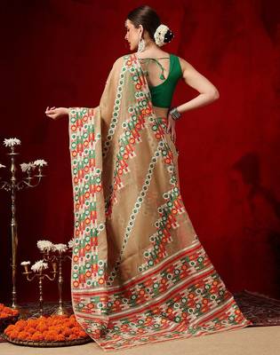 Beige embroidered pure cotton ethnic saree with blouse piece 2
