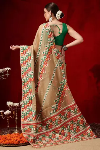 Beige embroidered pure cotton ethnic saree with blouse piece