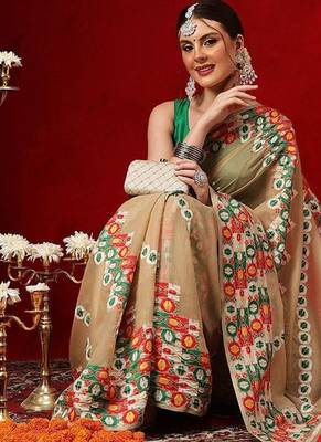 Beige embroidered pure cotton ethnic saree with blouse piece 3
