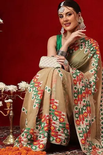 Beige embroidered pure cotton ethnic saree with blouse piece