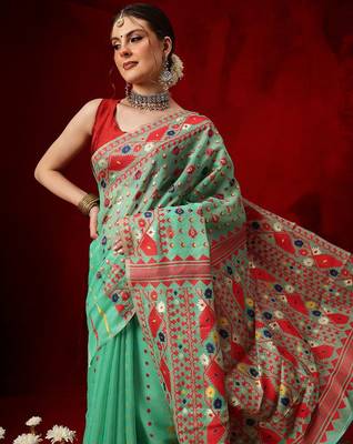 Green woven cotton blend traditional saree with blouse piece 4