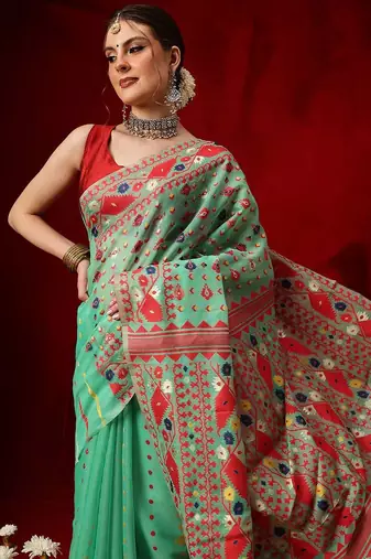 Green woven cotton blend traditional saree with blouse piece