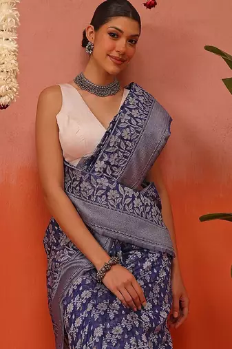 Blue woven cotton blend traditional saree with blouse piece