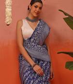 Blue woven cotton blend traditional saree with blouse piece