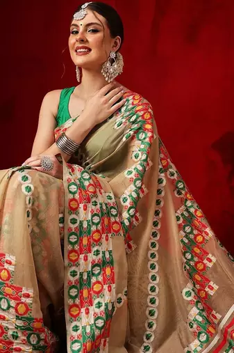 Beige embroidered pure cotton ethnic saree with blouse piece