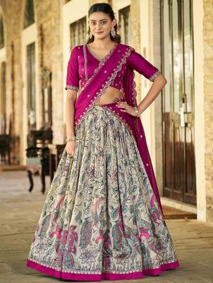 Fantastic Cream Kalamkari Print Silk Event Wear Half Saree Lehenga 1