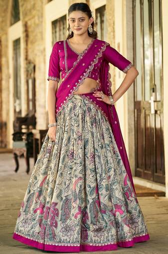 Fantastic Cream Kalamkari Print Silk Event Wear Half Saree Lehenga