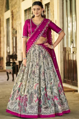 Fantastic Cream Kalamkari Print Silk Event Wear Half Saree Lehenga