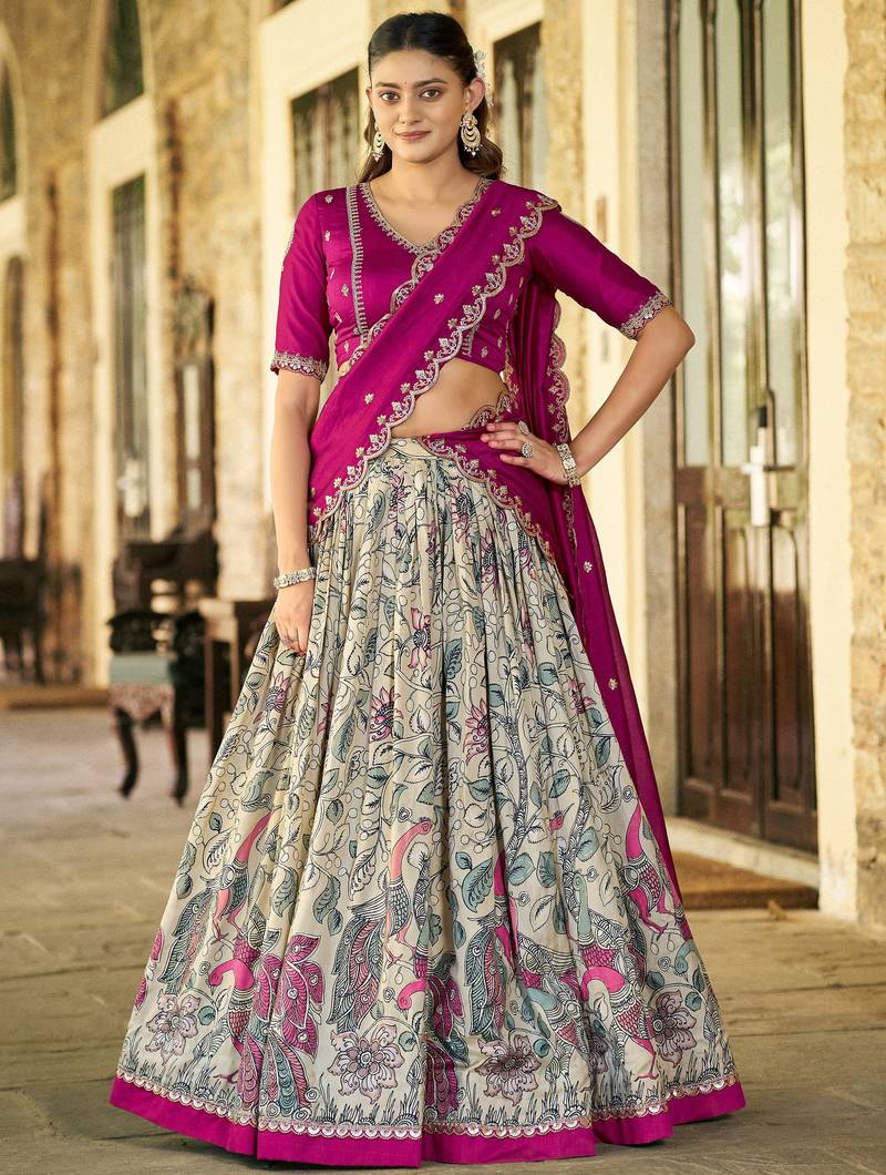 Fantastic Cream Kalamkari Print Silk Event Wear Half Saree Lehenga