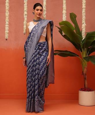 Blue woven cotton blend traditional saree with blouse piece 2
