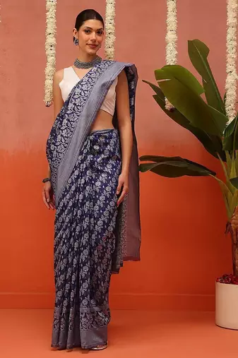 Blue woven cotton blend traditional saree with blouse piece